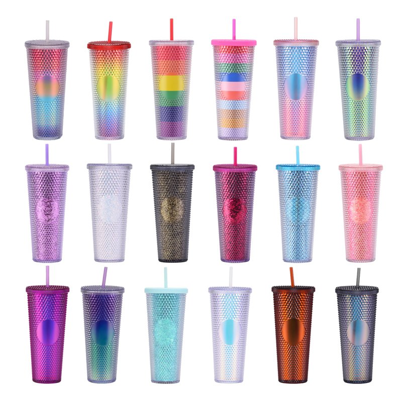 24oz Reusable Cup with Lid and Straw Double Wall Matte Plastic Studded Tumbler Acrylic Coffee Mug Customized Logo