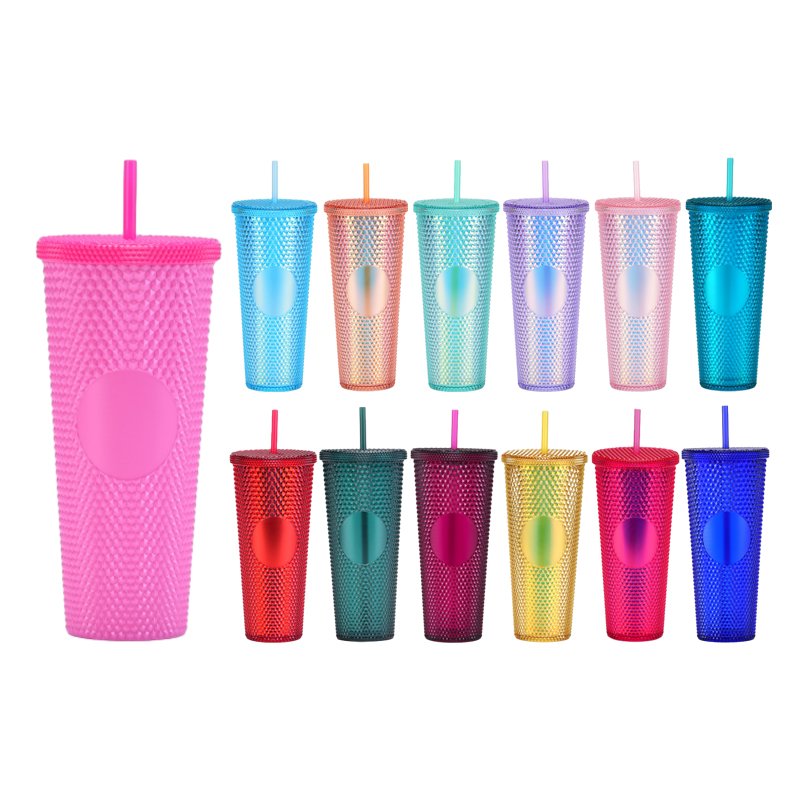 24oz Reusable Cup with Lid and Straw Double Wall Matte Plastic Studded Tumbler Acrylic Coffee Mug Customized Logo