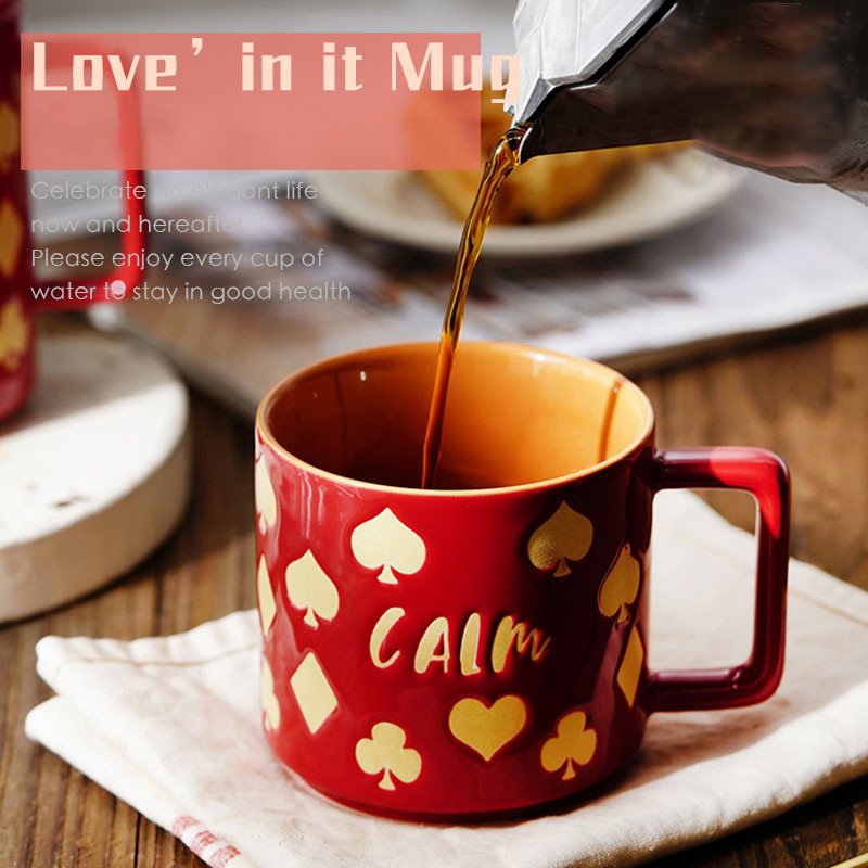 Wholesale Heart pattern mugs 480ml ceramic coffee milk cup with golden spoon and lid