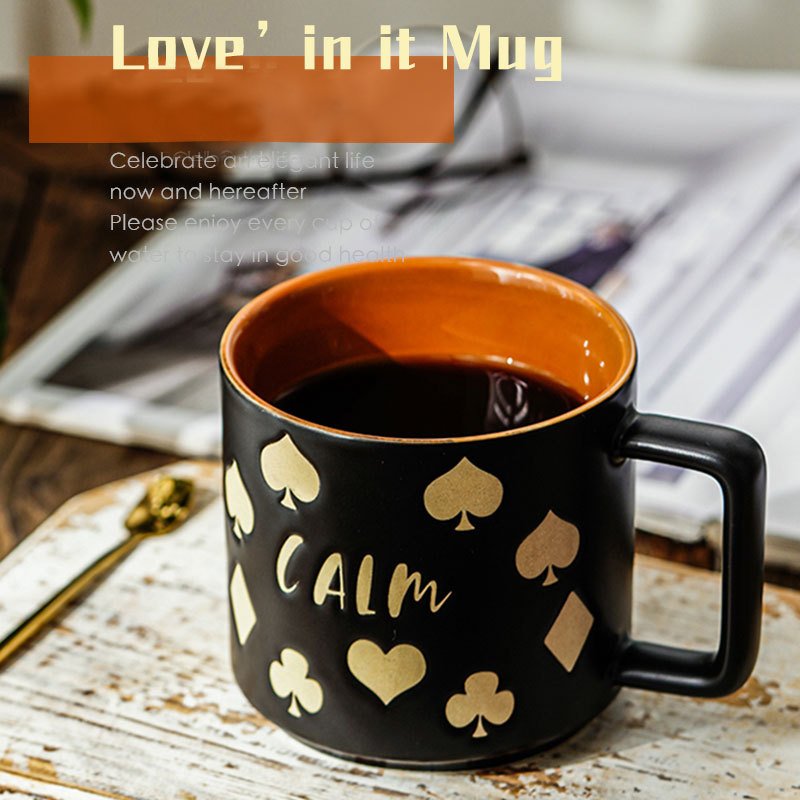 Wholesale Heart pattern mugs 480ml ceramic coffee milk cup with golden spoon and lid