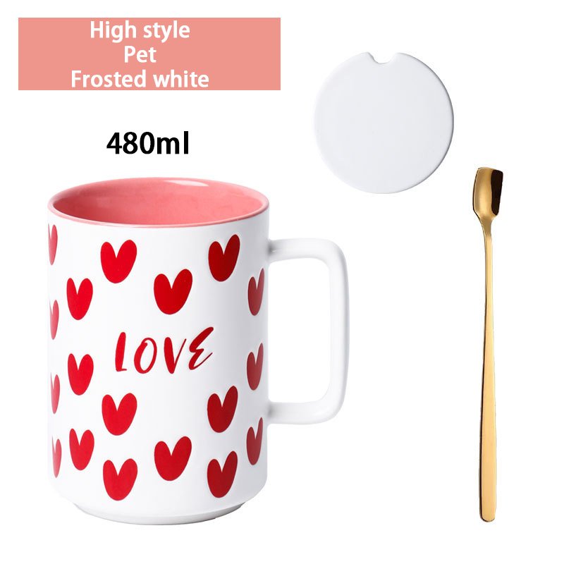 Wholesale Heart pattern mugs 480ml ceramic coffee milk cup with golden spoon and lid