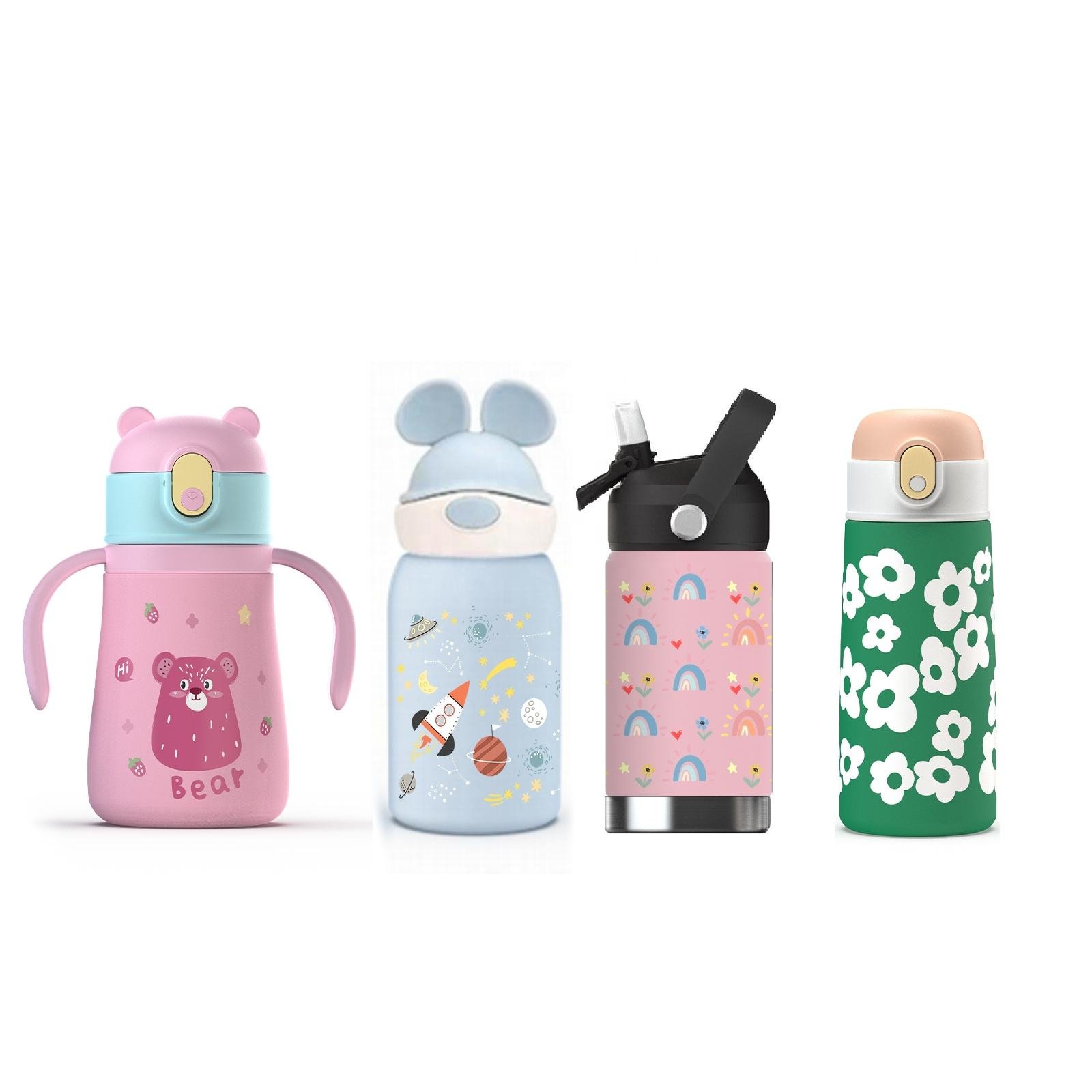 Kids Water Bottle with Straw Double Wall Insulated Stainless Steel Tumbler with Cartoon Logo Thermal Bottle for Toddlers