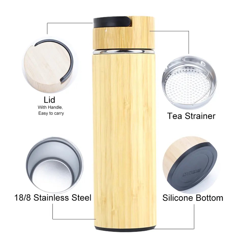 Wholesale 450ml Double Wall Insulated Bamboo Water Bottles with Stainless Steel with Tea Infuser