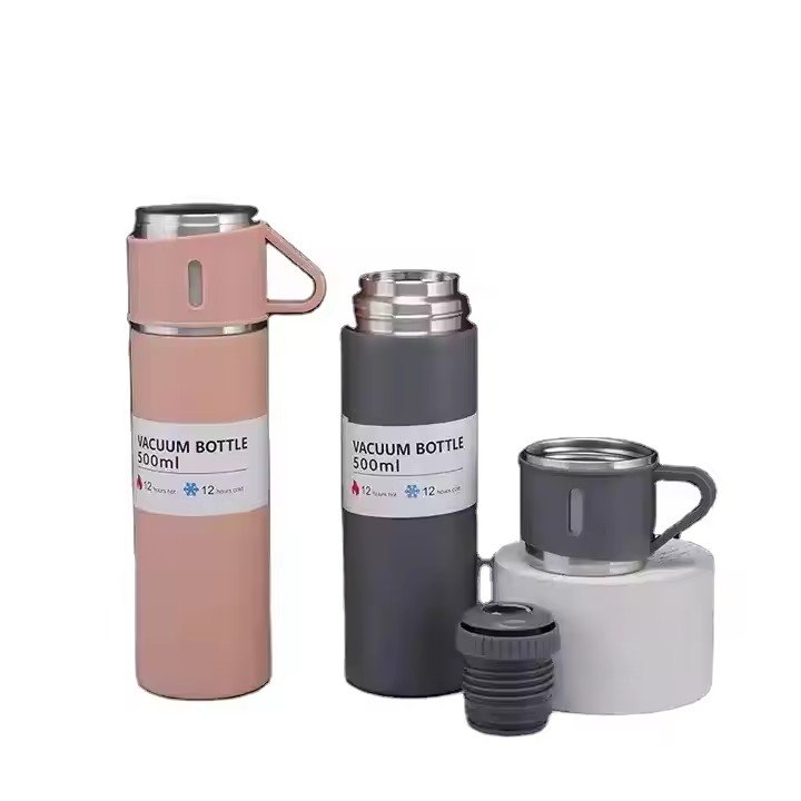 Hot Selling 500ml Business Gift Set Stainless Steel Insulated Portable Thermos Vacuum Flask Coffee Water Bottle with 3 Cups