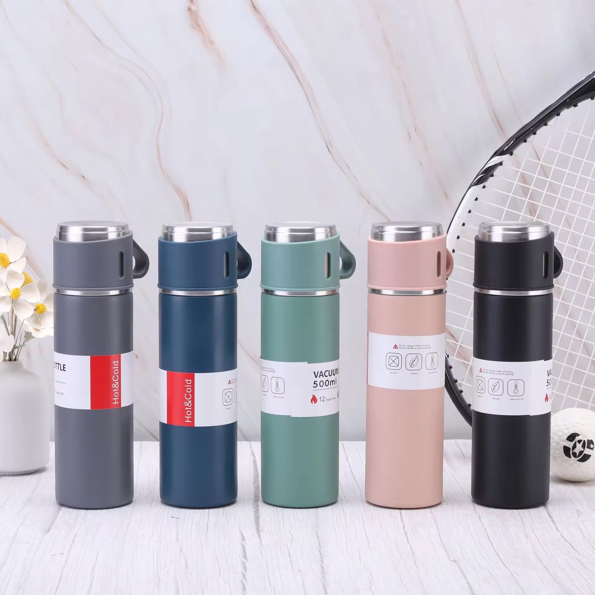 Hot Selling 500ml Business Gift Set Stainless Steel Insulated Portable Thermos Vacuum Flask Coffee Water Bottle with 3 Cups