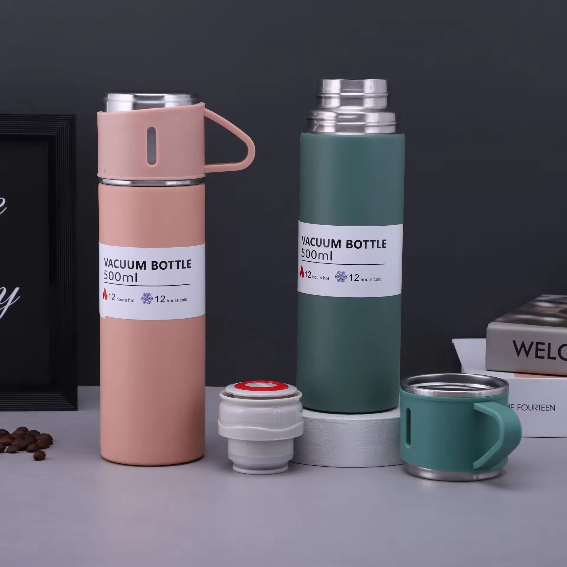 Hot Selling 500ml Business Gift Set Stainless Steel Insulated Portable Thermos Vacuum Flask Coffee Water Bottle with 3 Cups