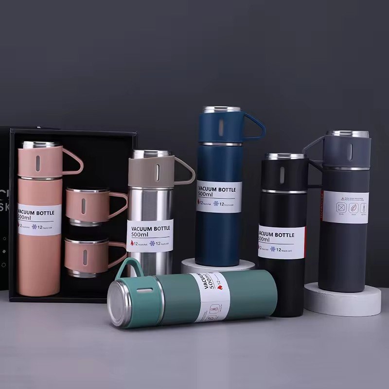 Hot Selling 500ml Business Gift Set Stainless Steel Insulated Portable Thermos Vacuum Flask Coffee Water Bottle with 3 Cups