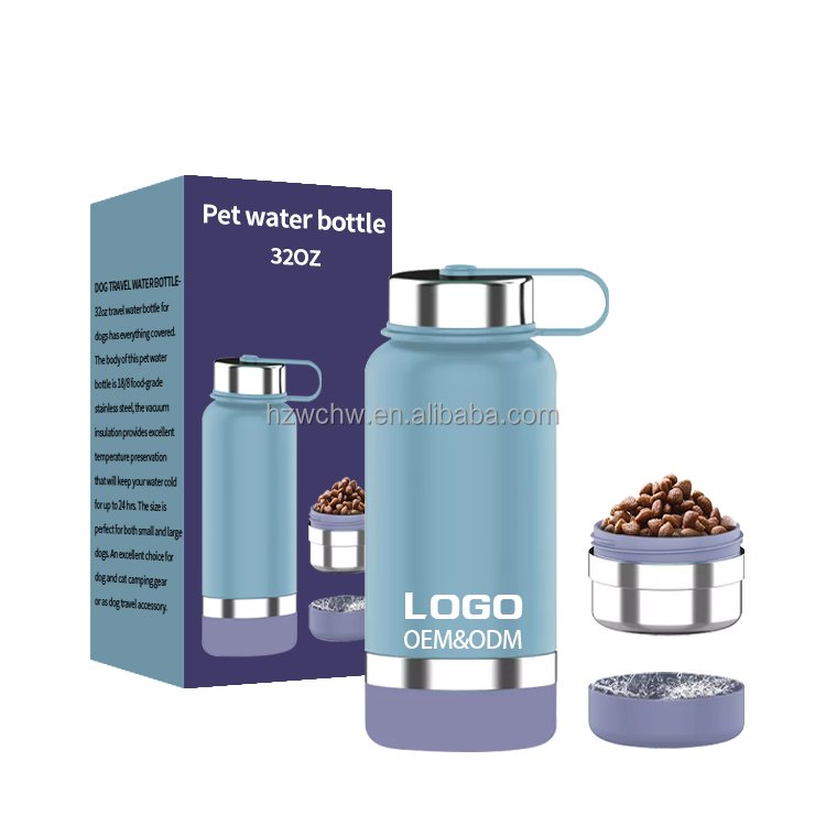 Custom Logo 1000ml Stainless Steel Portable Pet Water Bottle Dispenser Water Bottle With Dog Water Bottle Bowl
