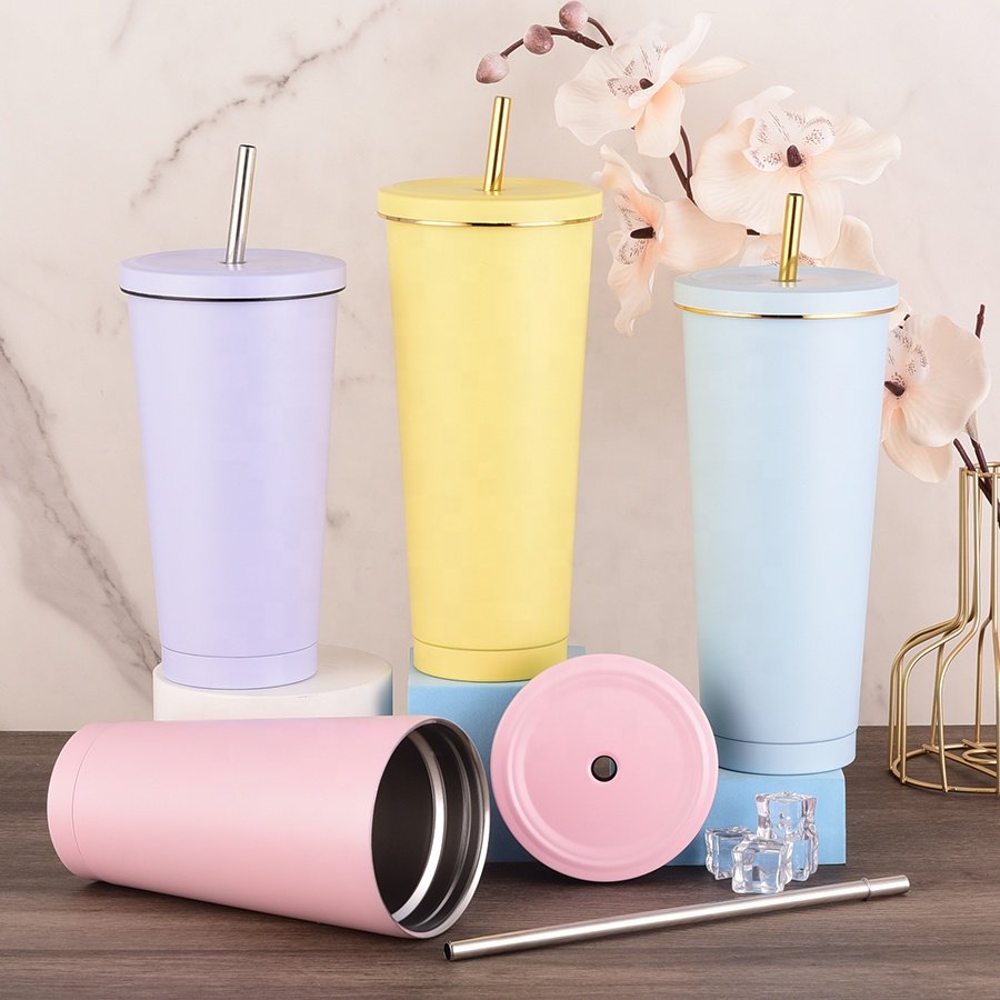 New Vacuum Flask Metal Cup Tumbler 500ML/750ML Stainless Steel Insulated Mug With Lid And Straw