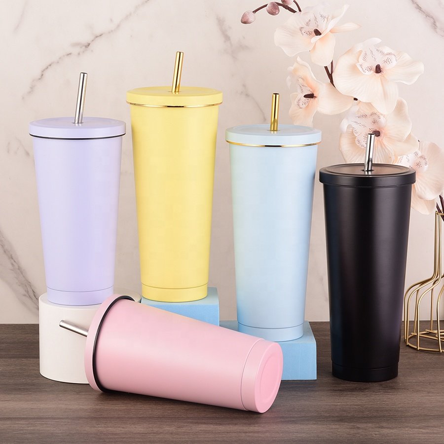 New Vacuum Flask Metal Cup Tumbler 500ML/750ML Stainless Steel Insulated Mug With Lid And Straw