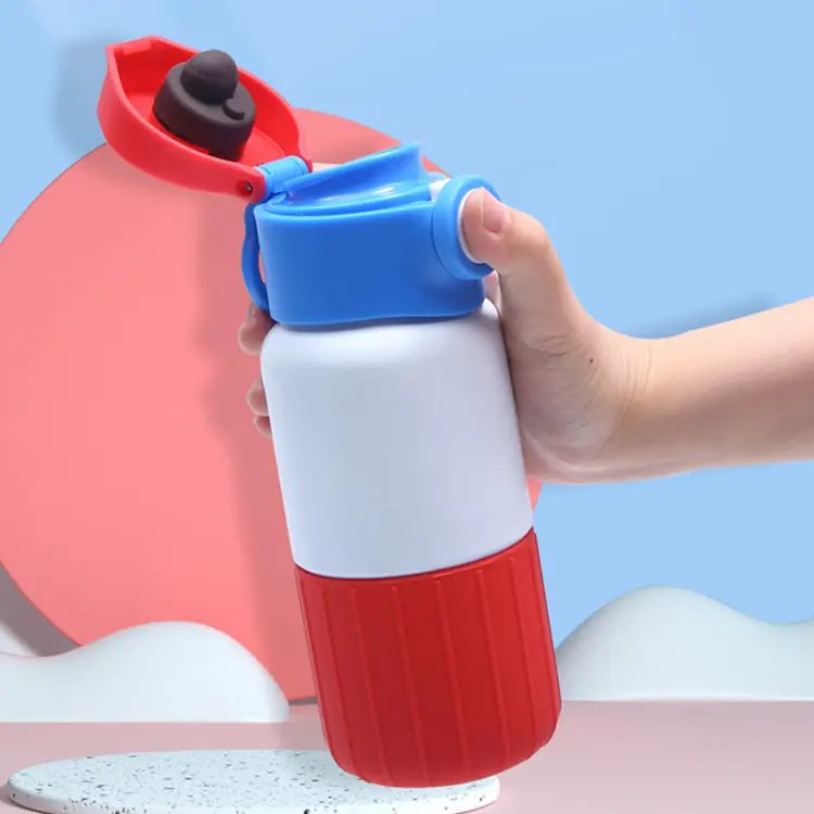 LeMuna 450ML Travel Water Bottles Kids Double Wall Stainless Steel Vacuum Flask Thermos with Silicon Rubber Case