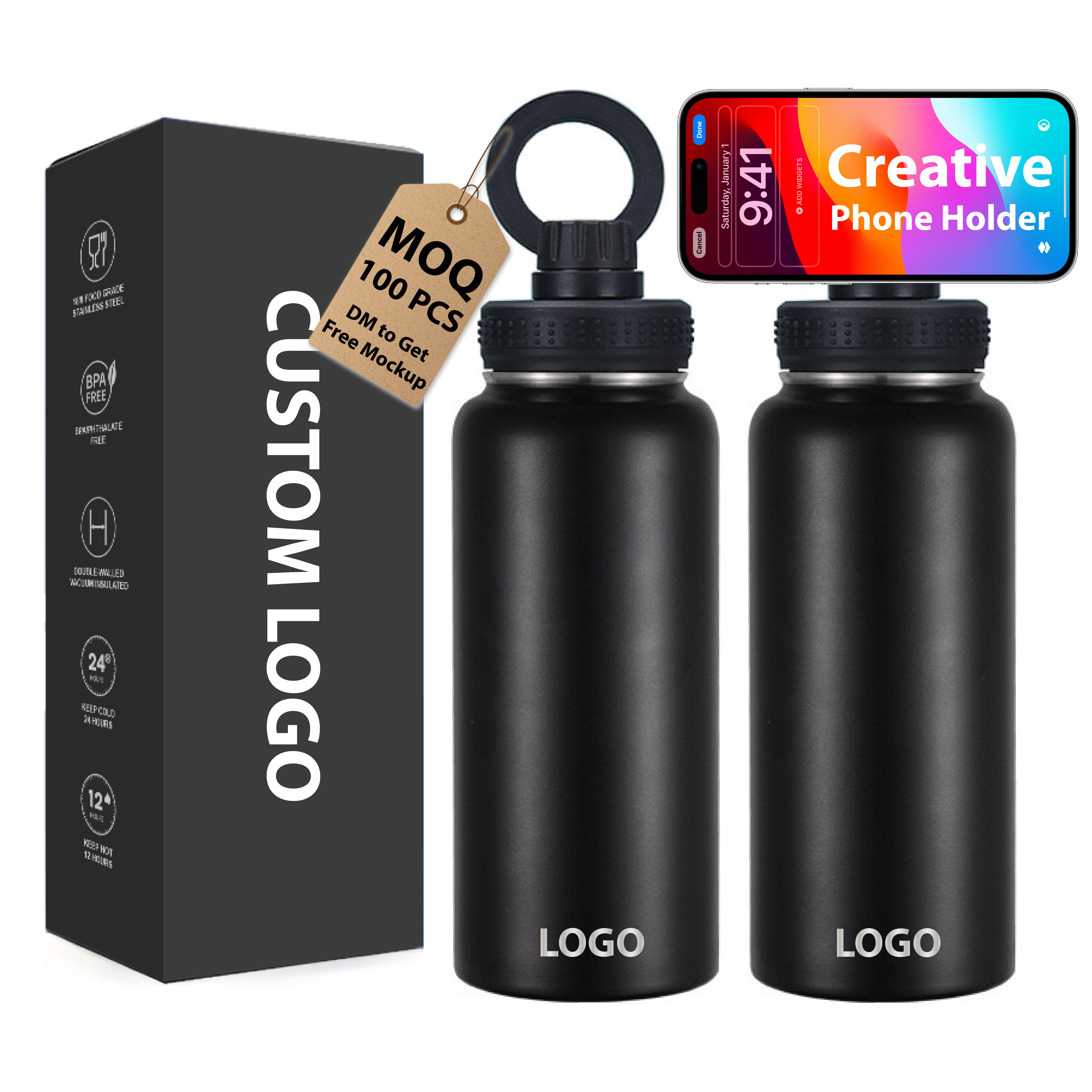 2024 New Arrival Magnetic Double Wall Vacuum Insulated 304 Stainless Steel Phone holder Flask Water Bottle with Magnetic Lid