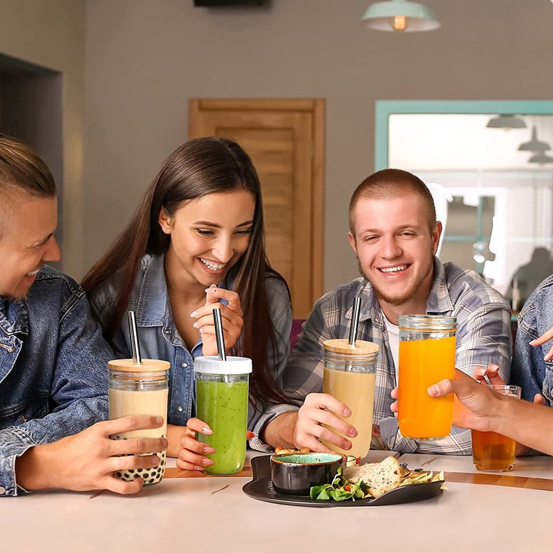 Custom 24oz big capacity clear wide mouth drinking cup mason jar reusable travel glass coffee tumbler with bamboo lid/straw