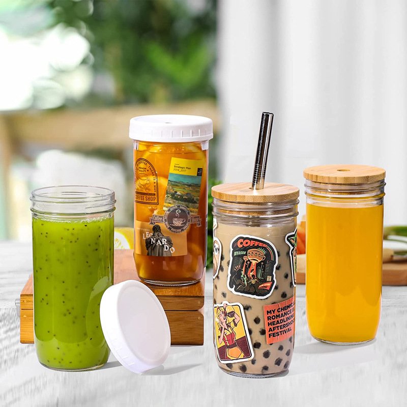 Custom 24oz big capacity clear wide mouth drinking cup mason jar reusable travel glass coffee tumbler with bamboo lid/straw