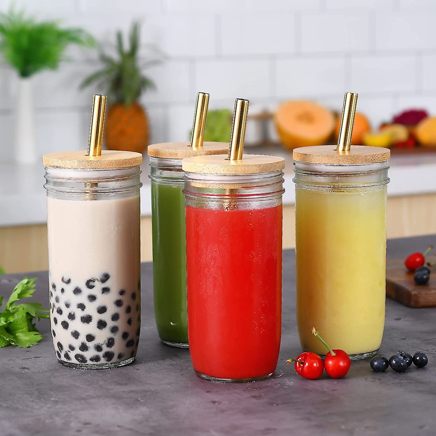 Custom 24oz big capacity clear wide mouth drinking cup mason jar reusable travel glass coffee tumbler with bamboo lid/straw