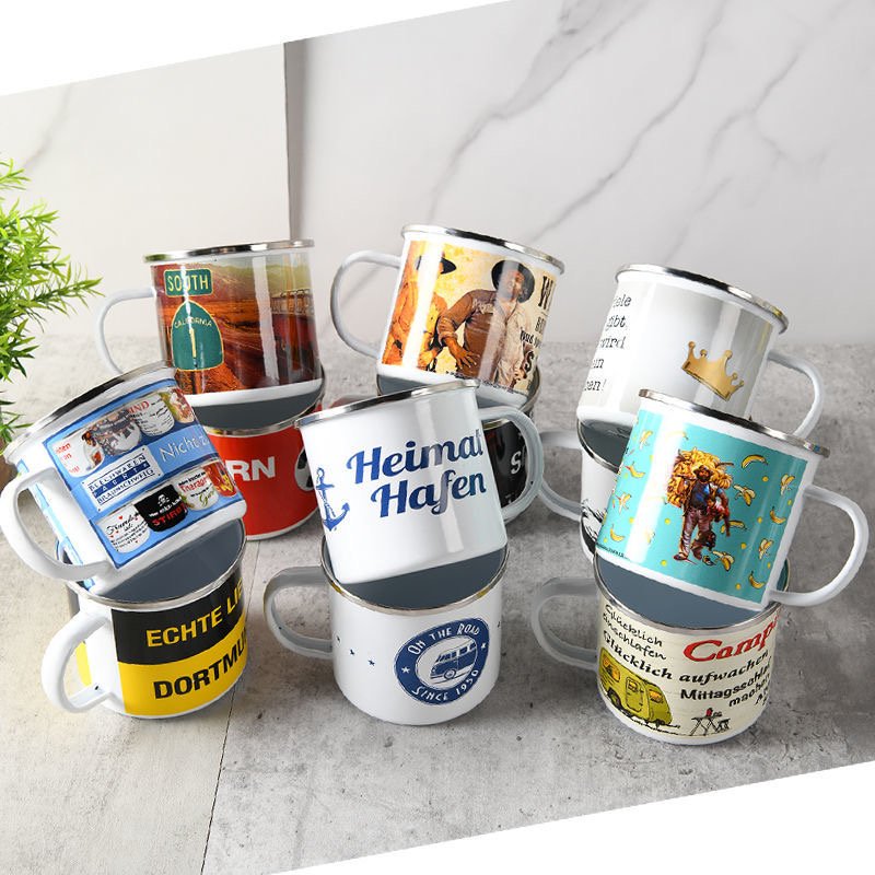 Vintage Souvenir Coffee Pewter Cup Enamelware Custom Logo Enamel Camping Campfire Retro Mug Enamel Mug with Stainless Steel Rim