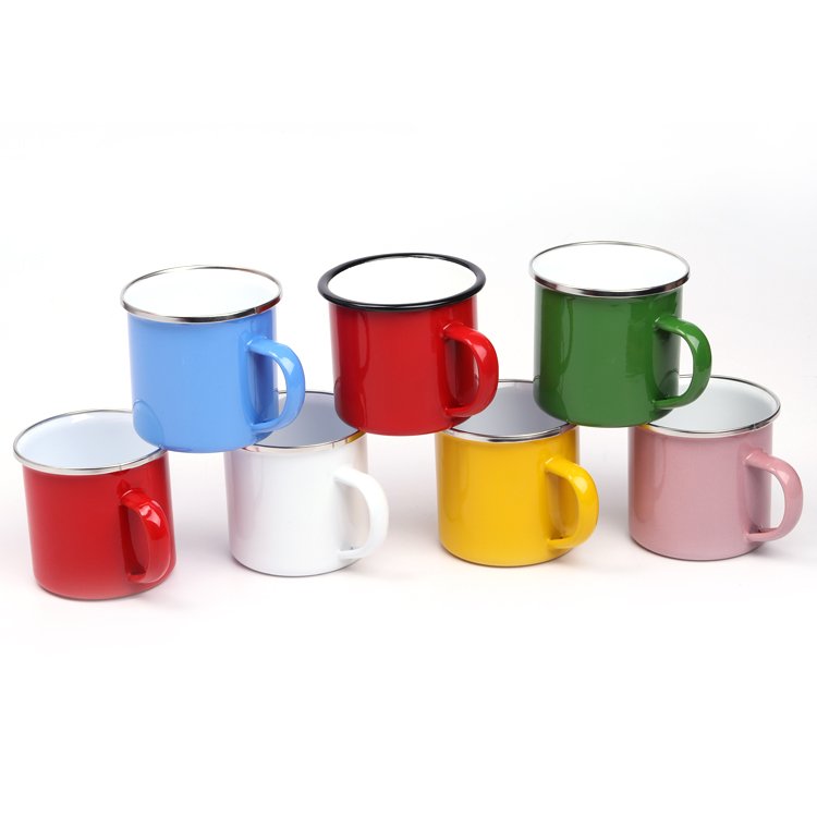 Vintage Souvenir Coffee Pewter Cup Enamelware Custom Logo Enamel Camping Campfire Retro Mug Enamel Mug with Stainless Steel Rim