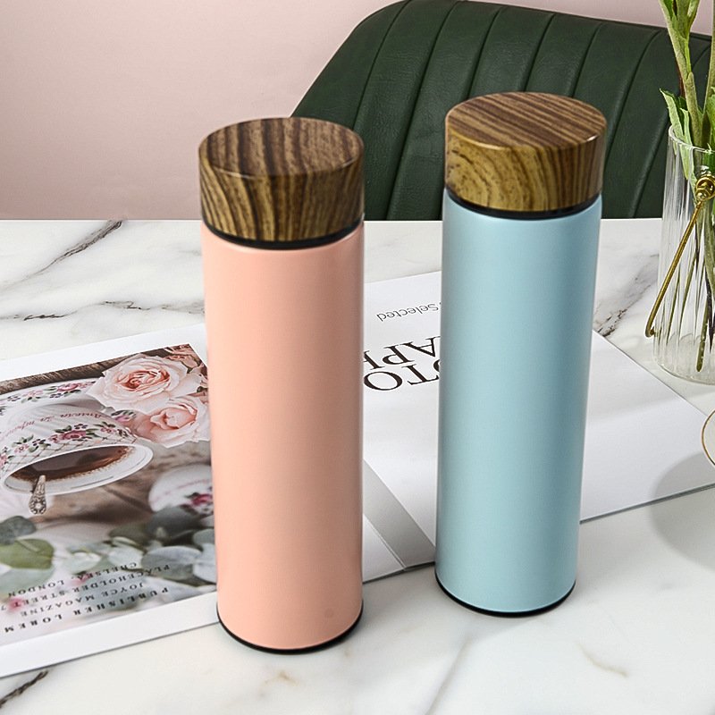 Factory Price 500ml Double Wall Stainless Steel Vacuum Flasks Thermal Thermos Water Bottle With Tea Infuser and Grain Wooden Lid