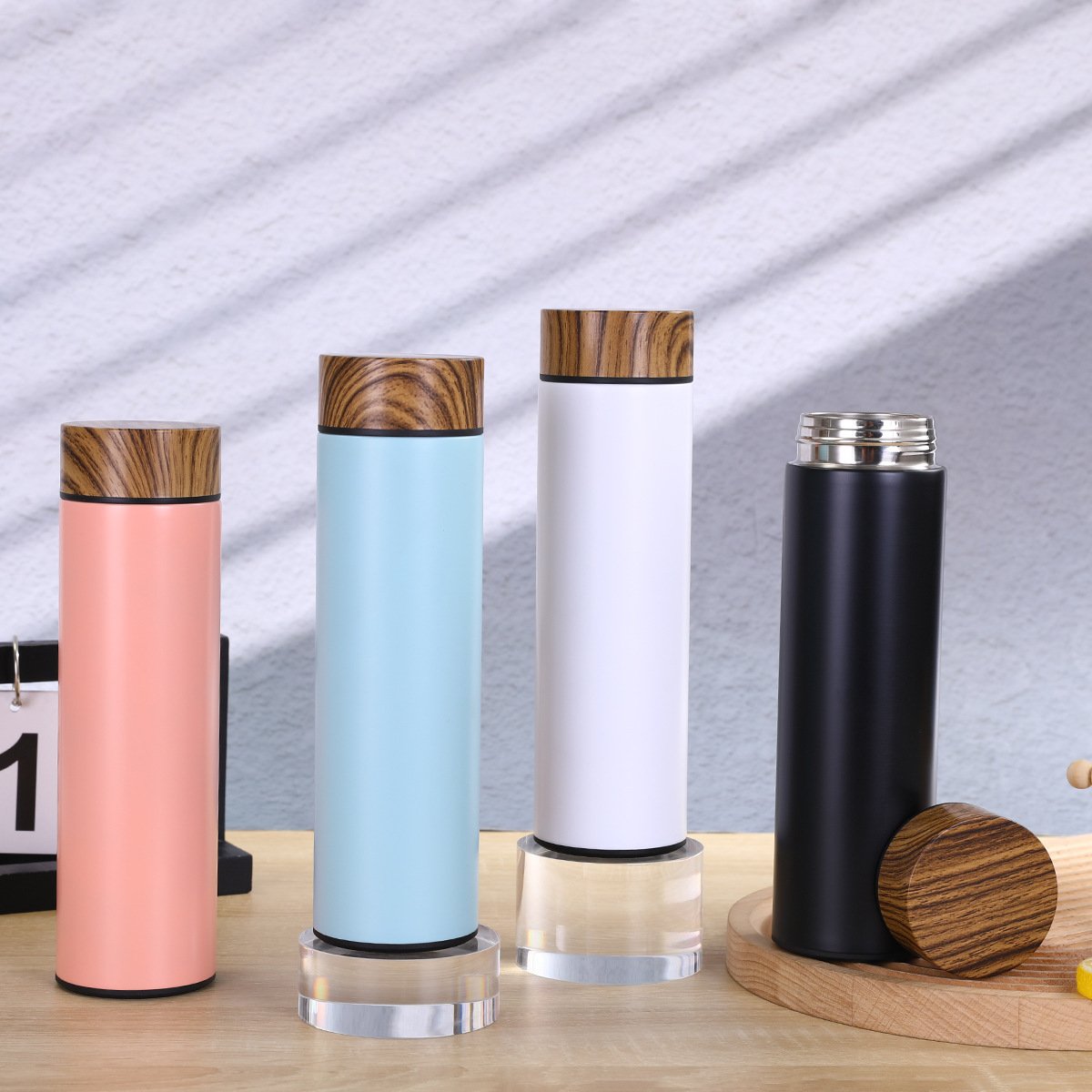 Factory Price 500ml Double Wall Stainless Steel Vacuum Flasks Thermal Thermos Water Bottle With Tea Infuser and Grain Wooden Lid