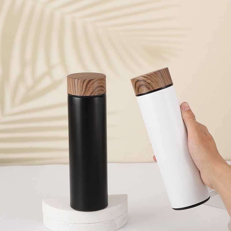 Factory Price 500ml Double Wall Stainless Steel Vacuum Flasks Thermal Thermos Water Bottle With Tea Infuser and Grain Wooden Lid