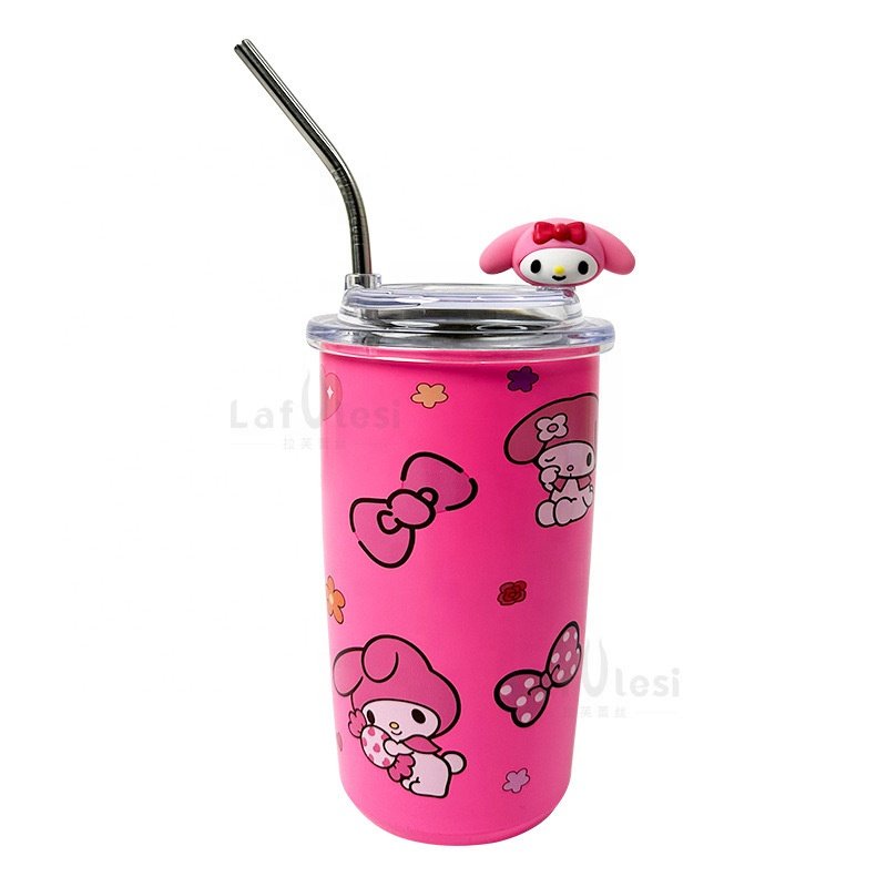 Cartoon Kuromi Straw Insulated Tumbler Stainless Steel Coffee Mug with Clear Lid Cute Kids School Water Cup