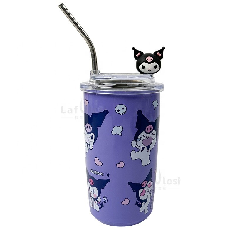 Cartoon Kuromi Straw Insulated Tumbler Stainless Steel Coffee Mug with Clear Lid Cute Kids School Water Cup