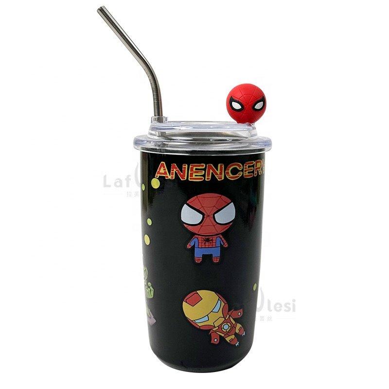 Cartoon Kuromi Straw Insulated Tumbler Stainless Steel Coffee Mug with Clear Lid Cute Kids School Water Cup