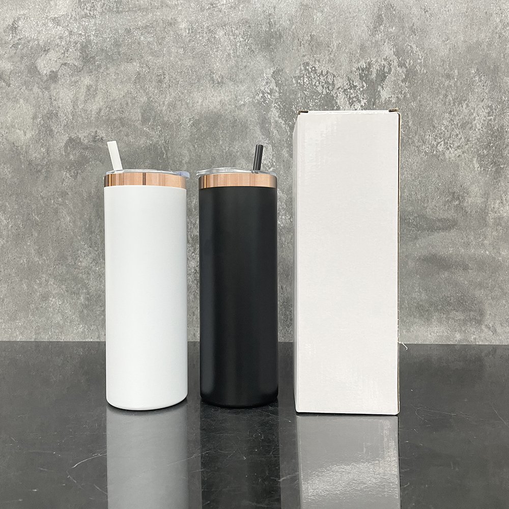 New 20oz mirror copper underneath straight skinny tumbler white black powder stainless steel vacuum water bottle for laser print