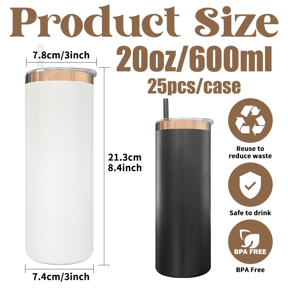 New 20oz mirror copper underneath straight skinny tumbler white black powder stainless steel vacuum water bottle for laser print