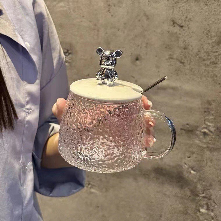 DD2291 Delicate Cute Bear Mugs With Spoon and Lids Heatproof Home Drink Water Cups Hammer Gift Glasses Coffee Glass Mug