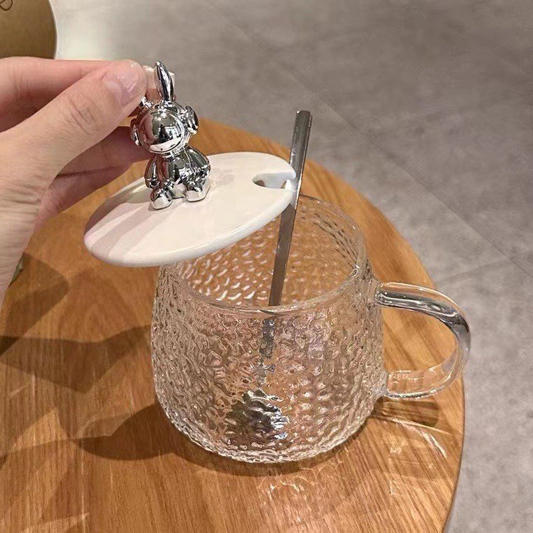 DD2291 Delicate Cute Bear Mugs With Spoon and Lids Heatproof Home Drink Water Cups Hammer Gift Glasses Coffee Glass Mug