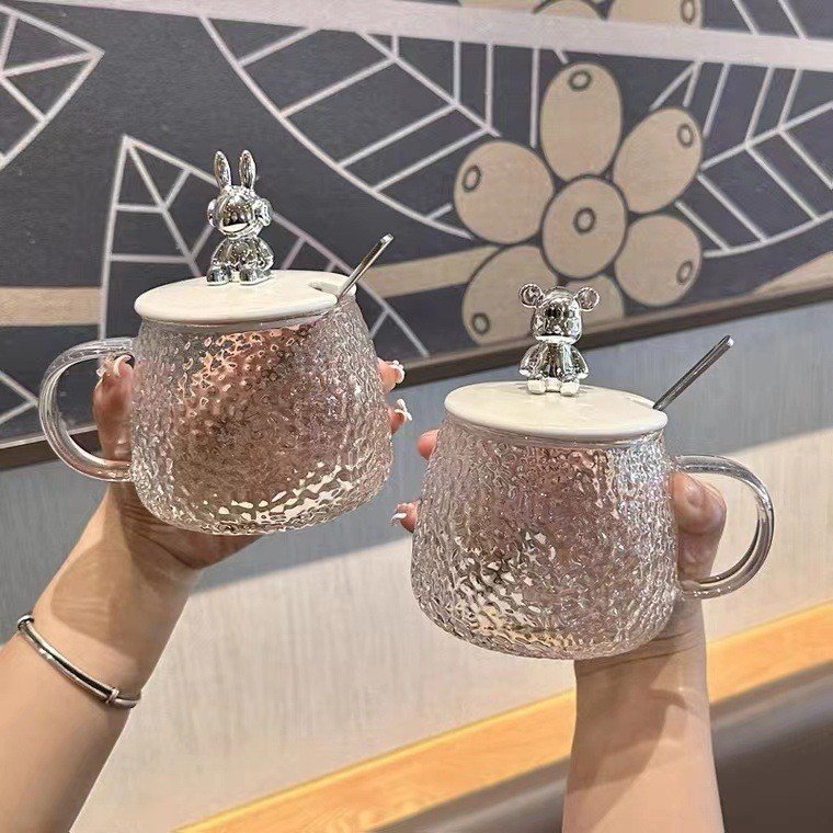 DD2291 Delicate Cute Bear Mugs With Spoon and Lids Heatproof Home Drink Water Cups Hammer Gift Glasses Coffee Glass Mug