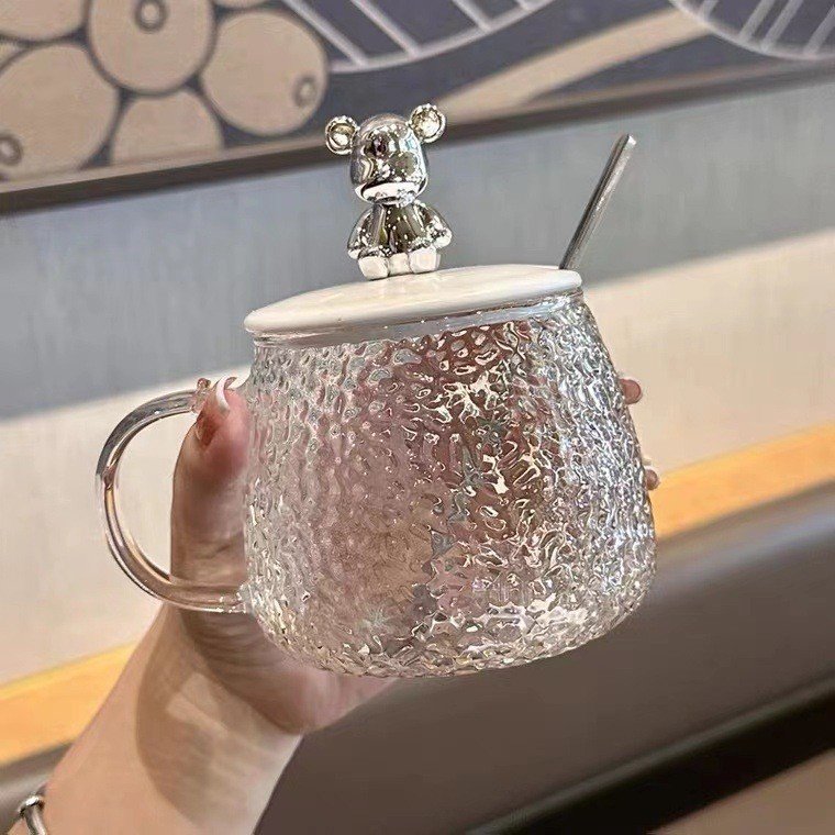 DD2291 Delicate Cute Bear Mugs With Spoon and Lids Heatproof Home Drink Water Cups Hammer Gift Glasses Coffee Glass Mug