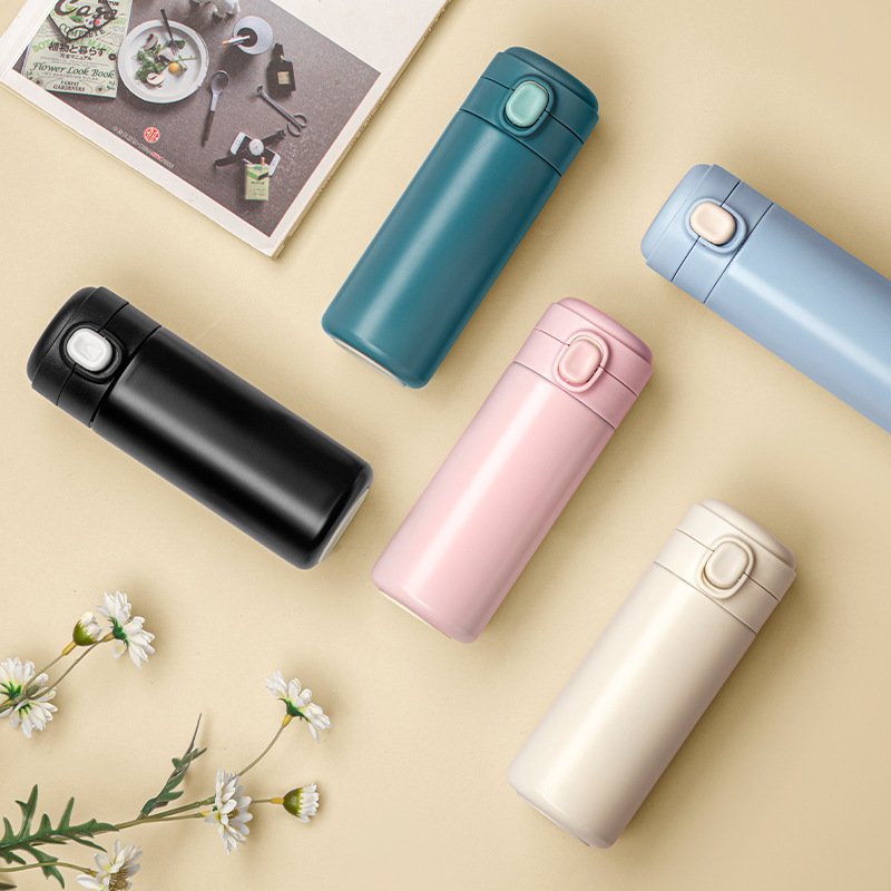 2023 Portable Stainless Steel Car Water Cup Thermos Vacuum Cup Bouncing Lid Straight Minimalist Sports Water Drinking Flasks