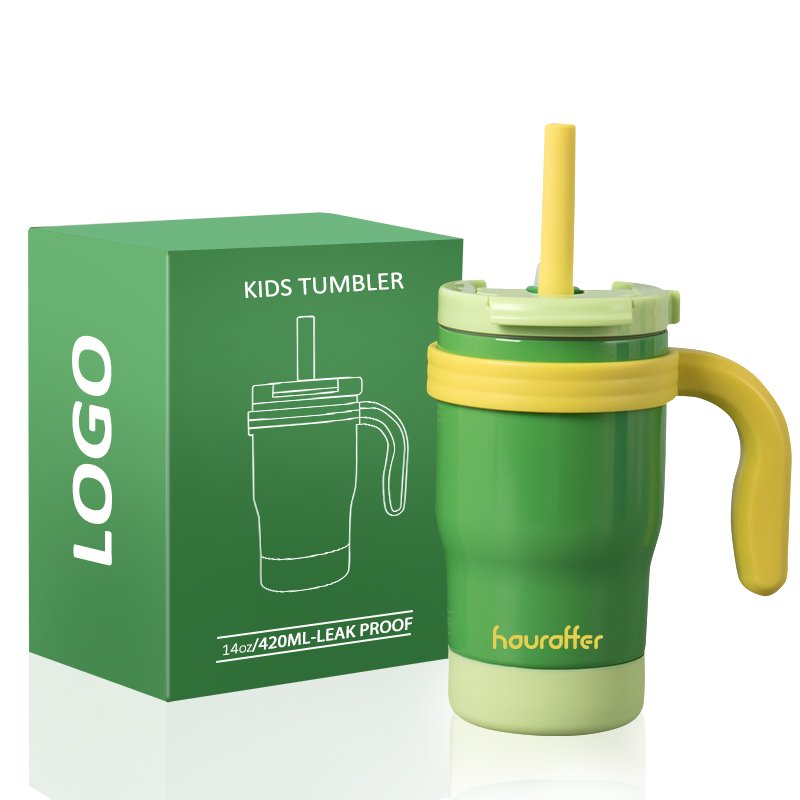 Houroffer 14oz Kids Bottle Tumbler with Handle Insulated Stainless Steel Mug cup with Lid and Straw Double Wall Vacuum For Water