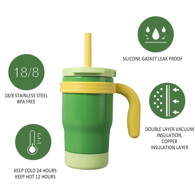 Houroffer 14oz Kids Bottle Tumbler with Handle Insulated Stainless Steel Mug cup with Lid and Straw Double Wall Vacuum For Water