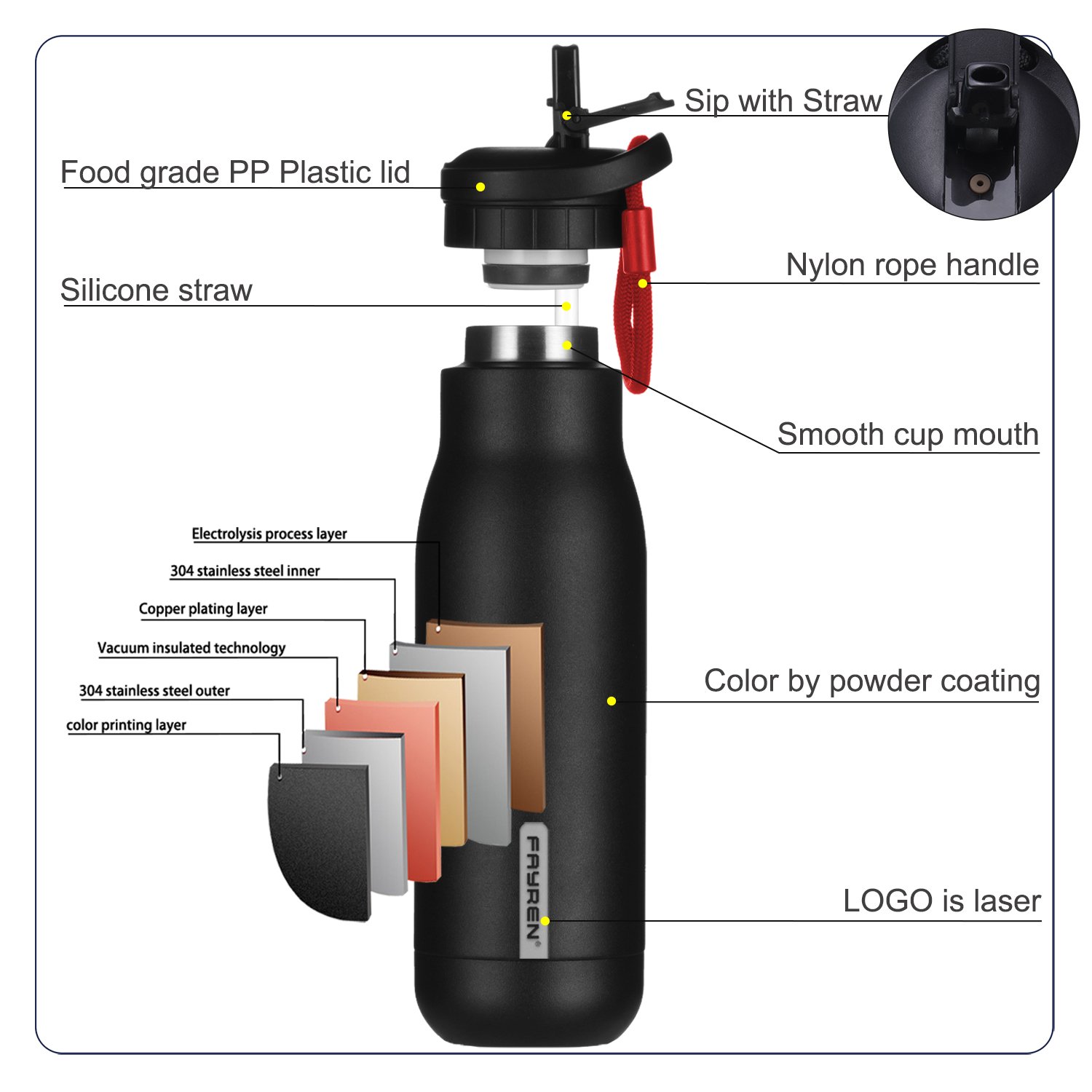 304 Stainless Steel Vacuum Flask Insulated Vaccum Thermal Coffee Tea Water Flask With Rope
