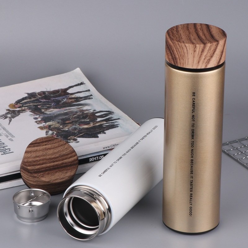 500ml Stainless Steel Double Wall Insulated Vacuum Flask Tea Infuser Water Bottle With Wooden Grain Lid