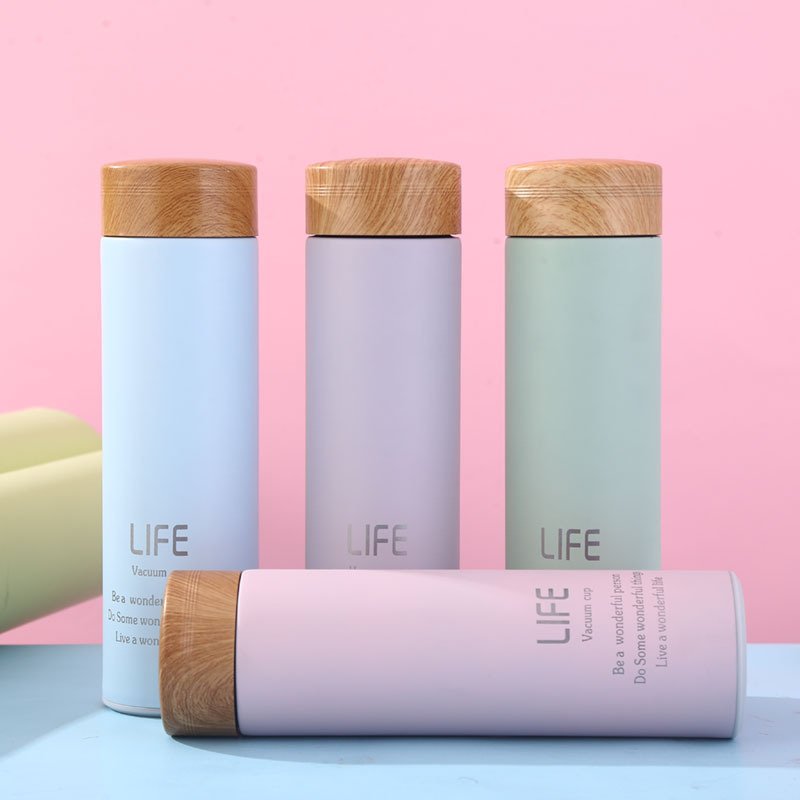 500ml Stainless Steel Double Wall Insulated Vacuum Flask Tea Infuser Water Bottle With Wooden Grain Lid