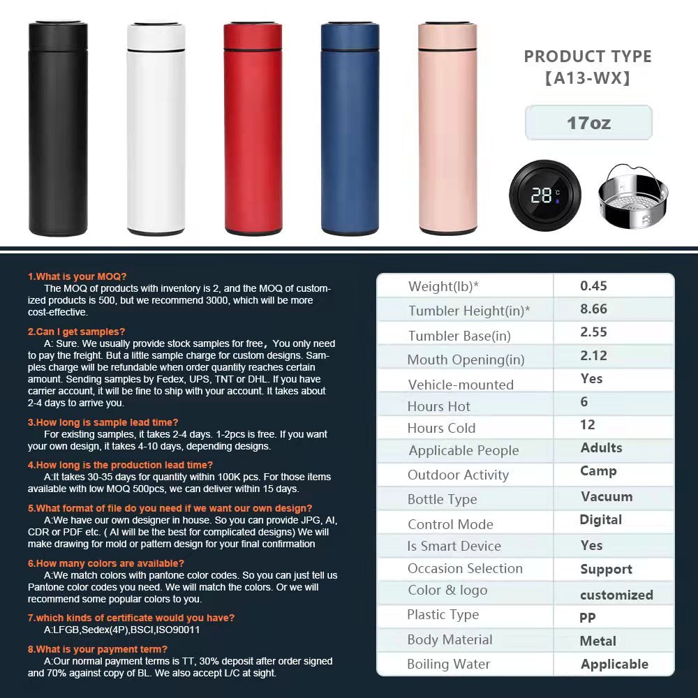 Customized 17oz Smart Vacuum Insulated Stainless Steel Sports termos de agua Water Bottle With LED Display Tumbler vaso termi
