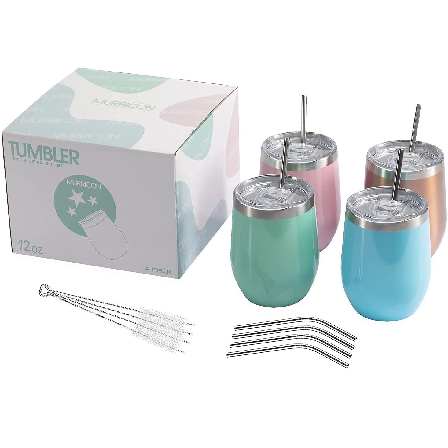 12oz Double Wall Stainless Steel Stemless Insulated Coffee Mug Wine Glass Tumbler with Lid for Champaign Cocktail Beer Office