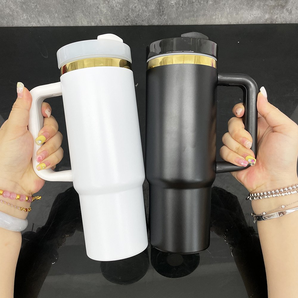 USA warehouse 30oz powder coated travel mug with handle 30 oz mirror gold plated stainless steel Christmas tumbler water bottle