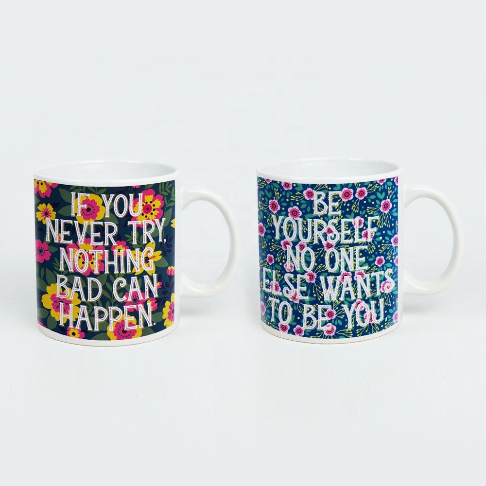 ceramic custom mug coffee cup with flower and English words sentence colorful design 11oz cylinder coffee mug