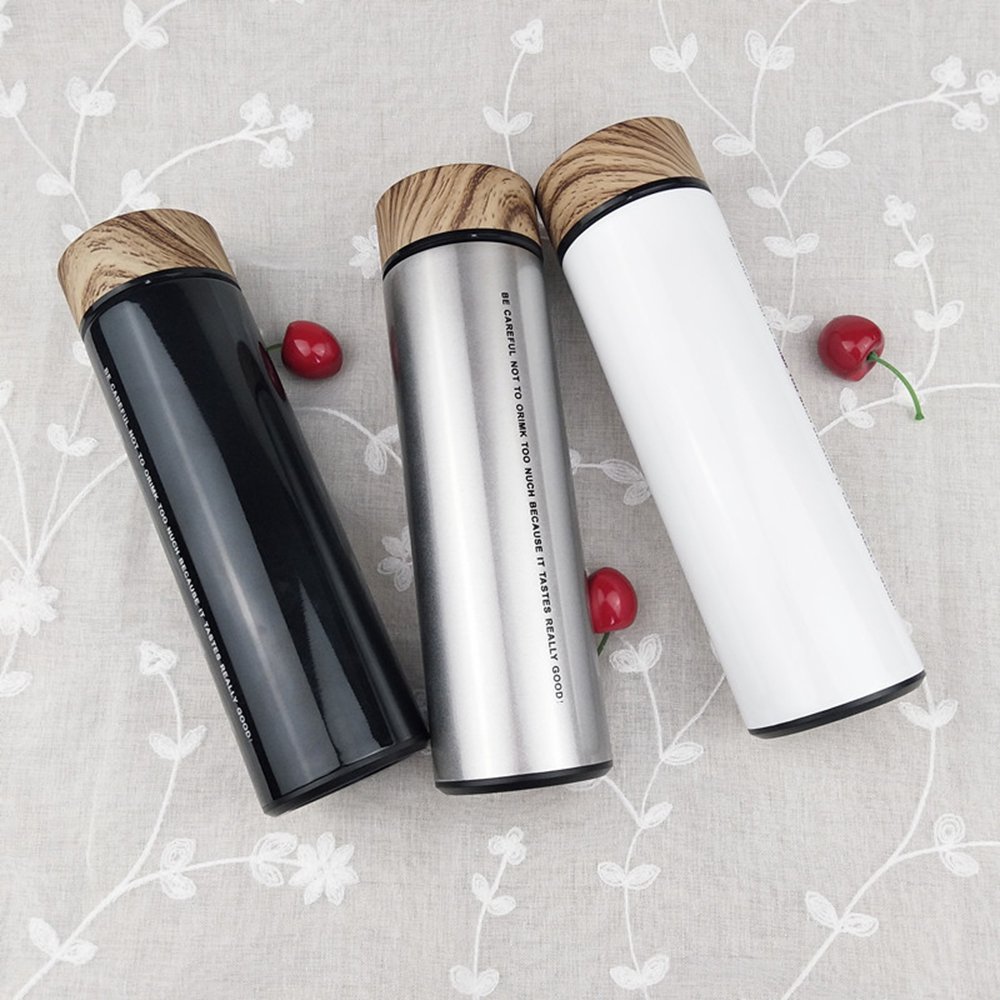Stainless Steel Water Bottle Double Wall Insulated Vacuum Flask Thermal cup with Tea Infuser Wood Grain Lid Thermos bottle