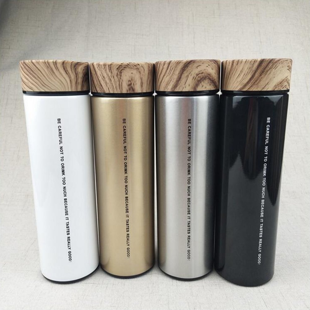 Stainless Steel Water Bottle Double Wall Insulated Vacuum Flask Thermal cup with Tea Infuser Wood Grain Lid Thermos bottle