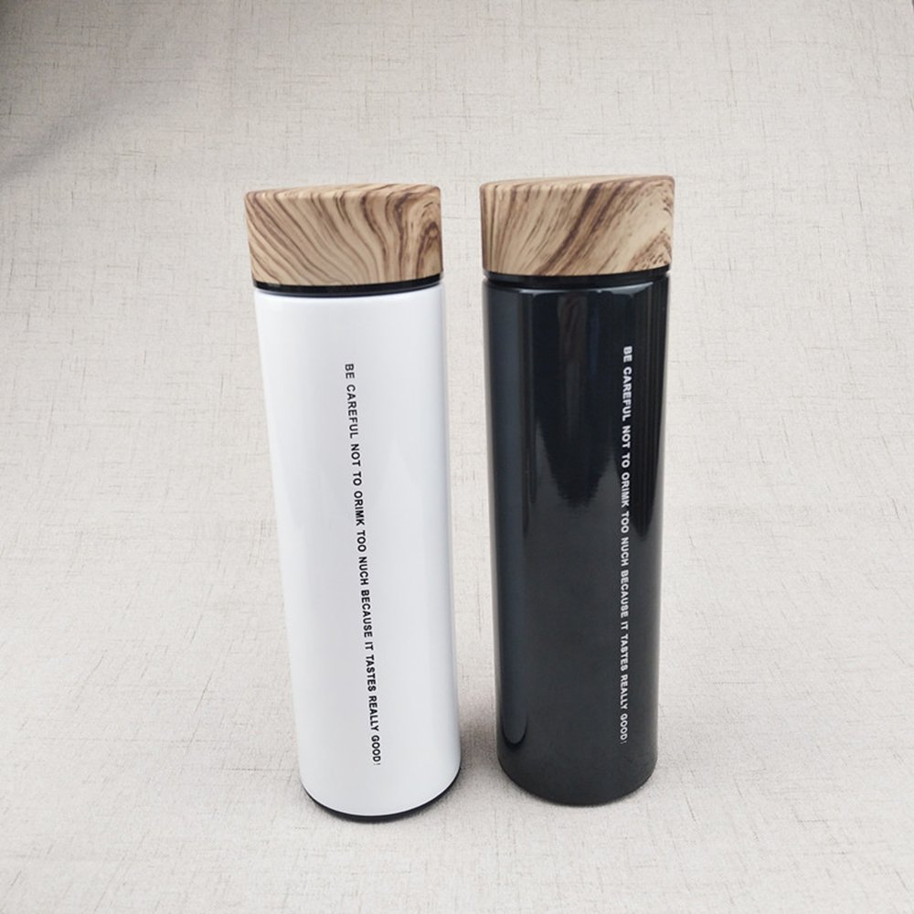 Stainless Steel Water Bottle Double Wall Insulated Vacuum Flask Thermal cup with Tea Infuser Wood Grain Lid Thermos bottle