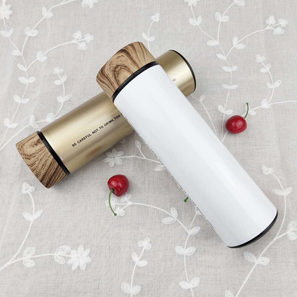 Stainless Steel Water Bottle Double Wall Insulated Vacuum Flask Thermal cup with Tea Infuser Wood Grain Lid Thermos bottle