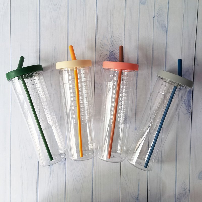 BPA Free Eco-friendly 16 oz Reusable Clear Coffee Plastic Cups Fruit Infuser Water Bottle With Straw