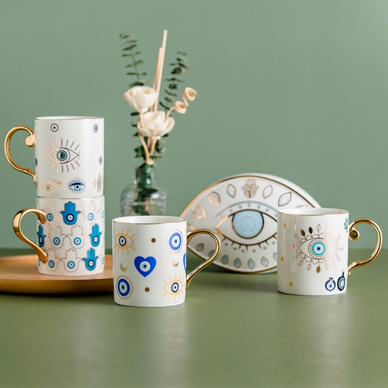 Luxury Style Gold Decal Handle Evil Eyes Design Ceramic Coffee Mug For Afternoon Tea & Turkish Coffee Stylish Tea Cups