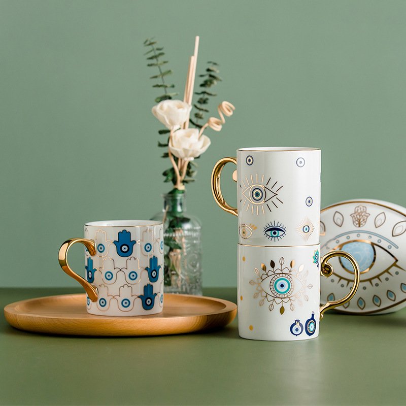 Luxury Style Gold Decal Handle Evil Eyes Design Ceramic Coffee Mug For Afternoon Tea & Turkish Coffee Stylish Tea Cups